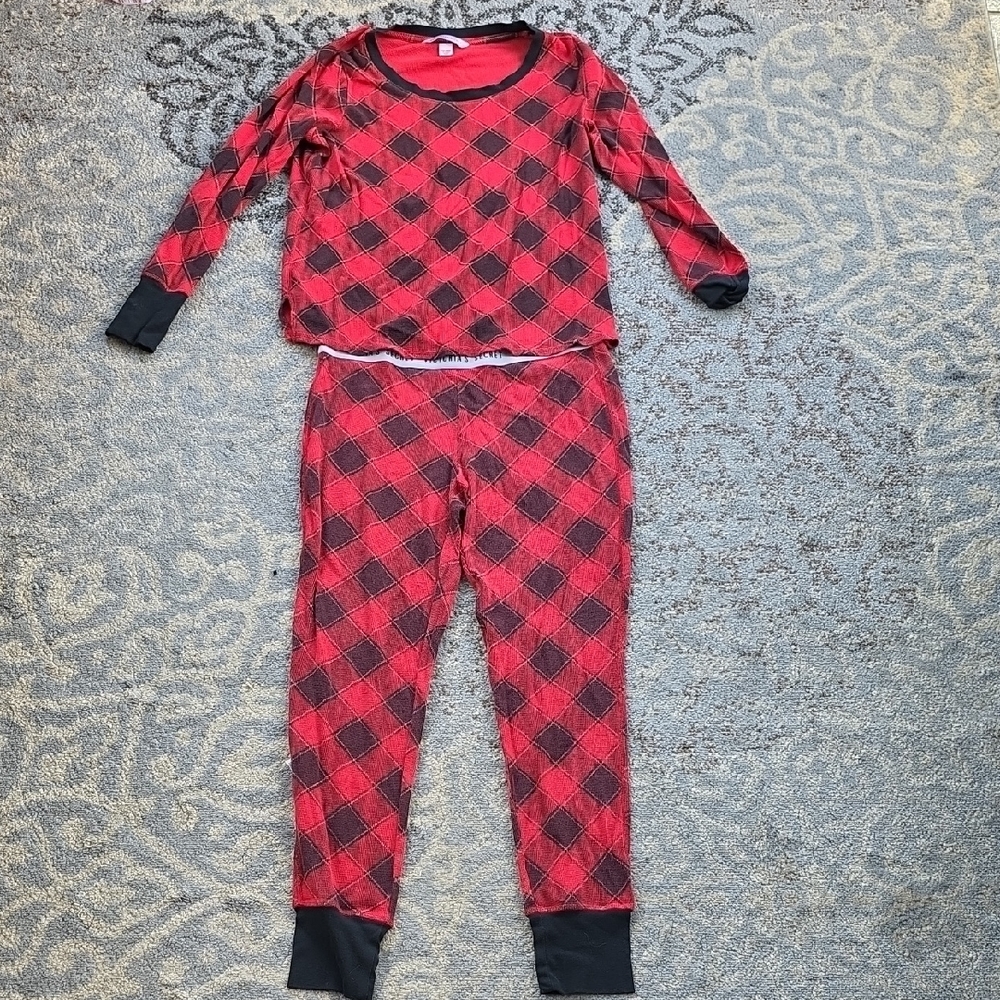 Victoria’s Secret Waffle Knit Long Sleeve Plaid Pajama Set Red Medium